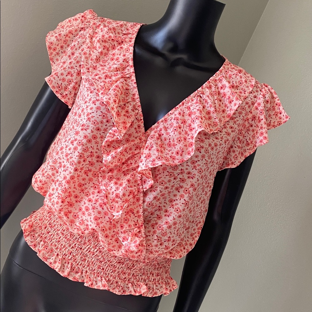 Lush Pink Peach Coral Floral Ruffle Blouse